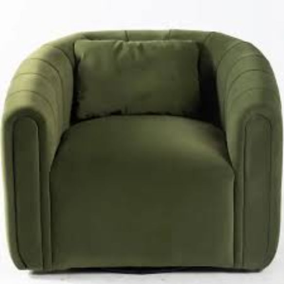 Juniper Green Barrel Swivel Chair with Lumbar Pillow – A luxurious velvet accent chair in rich green, featuring a 360-degree swivel base, high-density foam cushioning, and a supportive lumbar pillow. Its elegant design and durable metal and wood construction make it a stylish and comfortable addition to living rooms, bedrooms, or offices. Ideal for relaxation, with a modern yet classic aesthetic that fits various décor styles.