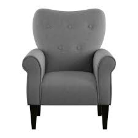 Mid-century modern dark gray upholstered fabric accent armchair with tufted back buttons, rolled arms, and tapered wooden legs. This chair combines stylish elegance with comfort, featuring plush foam seating and a sturdy rubberwood frame, making it an ideal addition to living rooms, offices, or bedrooms.