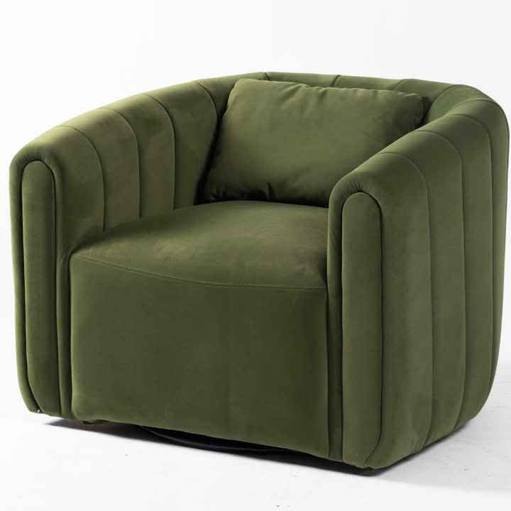 Set of two Juniper green barrel swivel chairs with lumbar pillows, featuring plush velvet upholstery, 360-degree swivel design, and high-density foam cushioning. The ergonomic chairs combine modern elegance with timeless comfort, perfect for any living room, bedroom, or office. Each chair includes a supportive lumbar pillow for added comfort and proper posture.