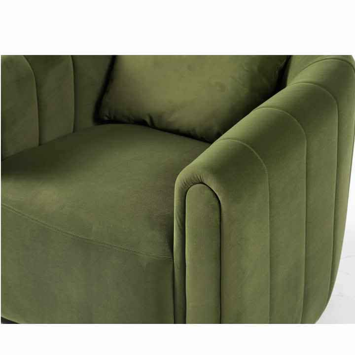 Set of two Juniper green barrel swivel chairs with lumbar pillows, featuring plush velvet upholstery, 360-degree swivel design, and high-density foam cushioning. The ergonomic chairs combine modern elegance with timeless comfort, perfect for any living room, bedroom, or office. Each chair includes a supportive lumbar pillow for added comfort and proper posture.