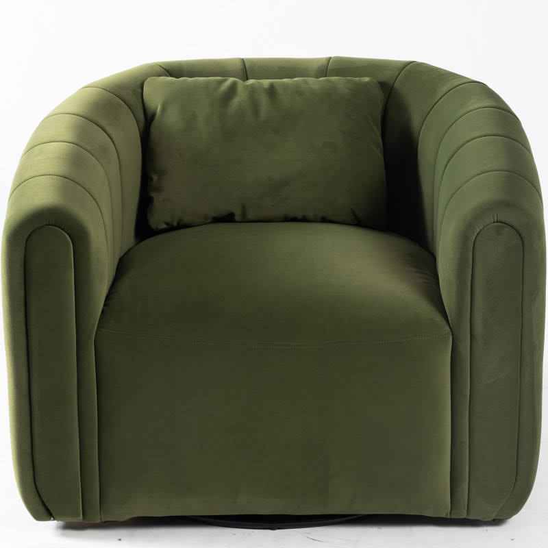 Set of two Juniper green barrel swivel chairs with lumbar pillows, featuring plush velvet upholstery, 360-degree swivel design, and high-density foam cushioning. The ergonomic chairs combine modern elegance with timeless comfort, perfect for any living room, bedroom, or office. Each chair includes a supportive lumbar pillow for added comfort and proper posture.