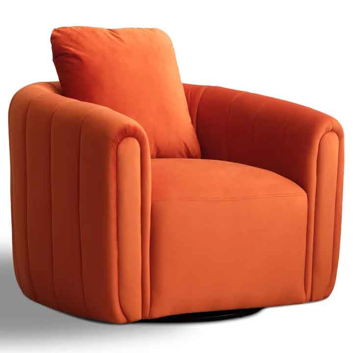 Orange velvet barrel swivel chair with lumbar pillow, featuring a 360-degree swivel design, high-density foam cushioning, and sturdy metal base. Adds bold color and modern elegance to any room, perfect for relaxation and style.