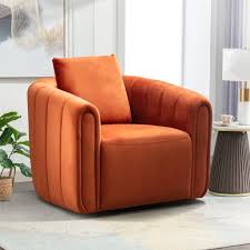 Orange velvet barrel swivel chair with lumbar pillow, featuring a 360-degree swivel design, high-density foam cushioning, and sturdy metal base. Adds bold color and modern elegance to any room, perfect for relaxation and style.