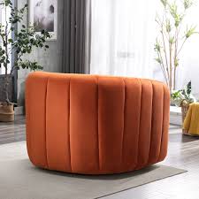 Orange velvet barrel swivel chair with lumbar pillow, featuring a 360-degree swivel design, high-density foam cushioning, and sturdy metal base. Adds bold color and modern elegance to any room, perfect for relaxation and style.