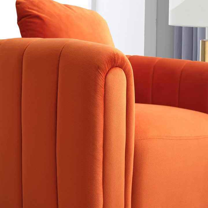Orange velvet barrel swivel chair with lumbar pillow, featuring a 360-degree swivel design, high-density foam cushioning, and sturdy metal base. Adds bold color and modern elegance to any room, perfect for relaxation and style.