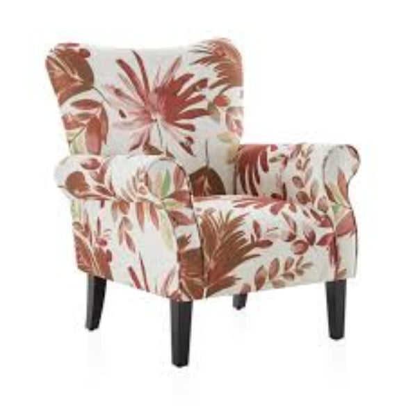 Red Floral Accent Chair featuring a vibrant red floral pattern on soft fabric upholstery with a gently sloping backrest, padded armrests, and elegant tapered wooden legs. Perfectly designed for comfort and style, ideal for living rooms, studies, or reading nooks, blending modern elegance with a timeless floral design.