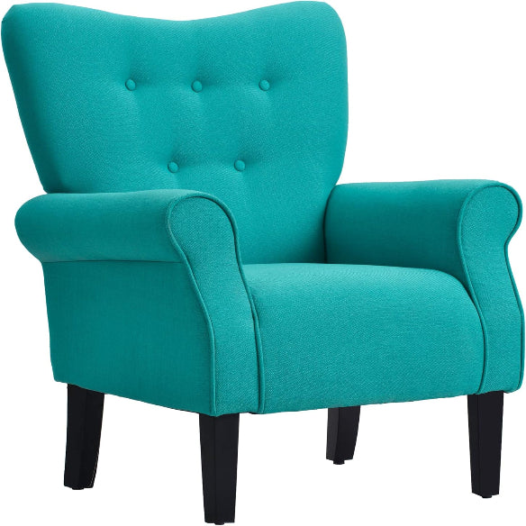 A teal solid-colored accent chair featuring a sleek modern design with a tufted wingback, padded armrests, and a wide, cushioned seat. Supported by elegant, tapered wooden legs, this chair combines comfort with sophistication, making it a perfect addition to a living room, office, or reading nook. The rich teal upholstery adds a pop of color to the space, complementing various décor styles.