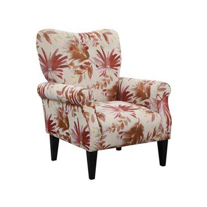 Red Floral Accent Chair featuring a vibrant red floral pattern on soft fabric upholstery with a gently sloping backrest, padded armrests, and elegant tapered wooden legs. Perfectly designed for comfort and style, ideal for living rooms, studies, or reading nooks, blending modern elegance with a timeless floral design.