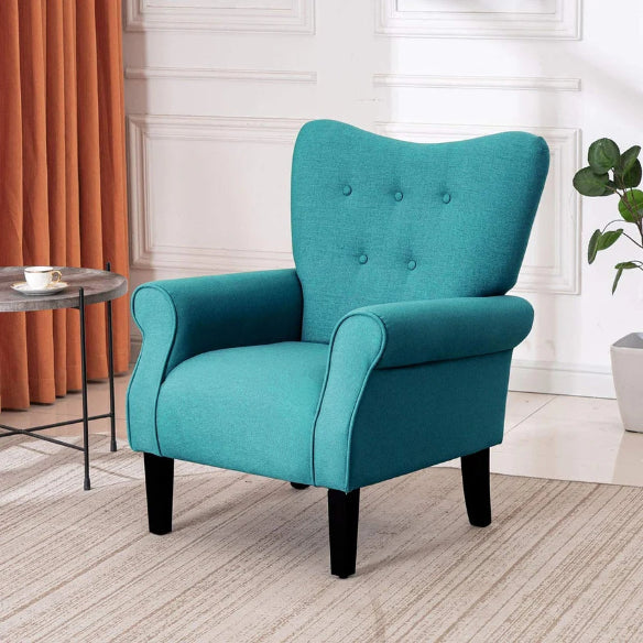 A teal solid-colored accent chair featuring a sleek modern design with a tufted wingback, padded armrests, and a wide, cushioned seat. Supported by elegant, tapered wooden legs, this chair combines comfort with sophistication, making it a perfect addition to a living room, office, or reading nook. The rich teal upholstery adds a pop of color to the space, complementing various décor styles.
