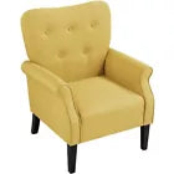 Mid-Century Modern Upholstered Fabric Accent Armchair in bold yellow with sleek tapered wooden legs, rolled arms, and tufted back buttons. The chair combines classic mid-century design with a vibrant yellow fabric, making it a stylish and comfortable statement piece for living rooms, bedrooms, offices, or studios.