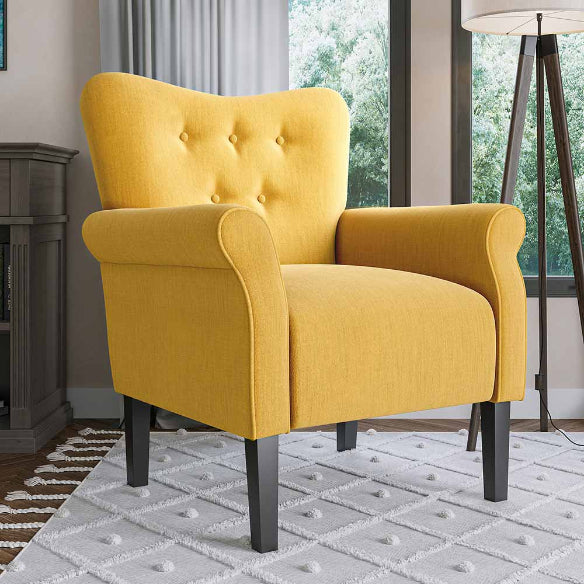 Mid-Century Modern Upholstered Fabric Accent Armchair in bold yellow with sleek tapered wooden legs, rolled arms, and tufted back buttons. The chair combines classic mid-century design with a vibrant yellow fabric, making it a stylish and comfortable statement piece for living rooms, bedrooms, offices, or studios.