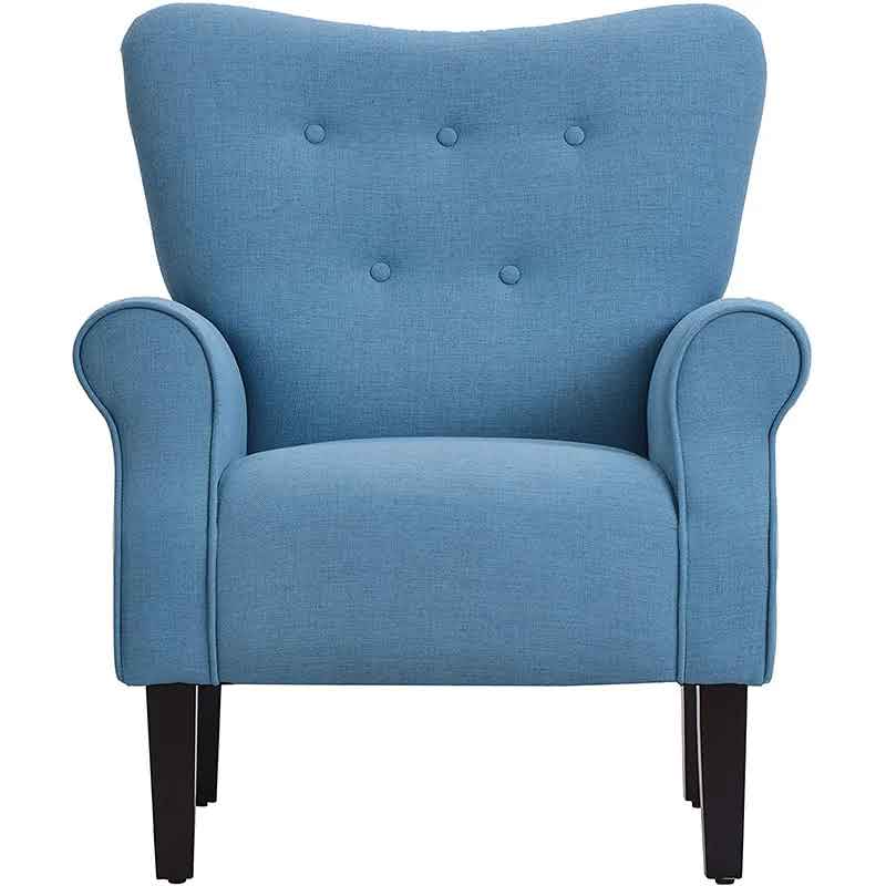 A stylish and elegant Baby Blue Wingback Accent Chair with a tufted backrest, soft linen fabric, and padded armrests. The chair features a wide cushioned seat and sleek, tapered wood legs with rubber inserts. Its modern design with retro-inspired elements adds a sophisticated touch to any room, offering both comfort and timeless appeal for lounging, reading, or relaxing. The chair is ideal for living rooms, offices, or sunrooms.