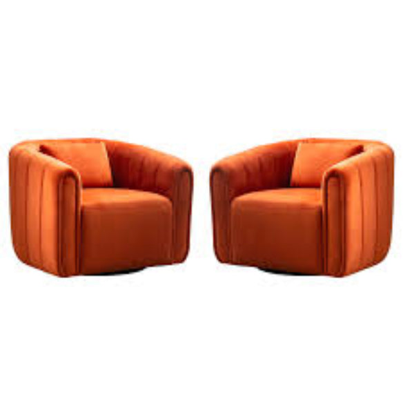 A set of two luxurious barrel swivel chairs in a rich burnt orange velvet upholstery, featuring a sleek, modern design with ergonomic comfort. Each chair is designed with a smooth 360-degree swivel base for easy movement and flexibility. The chairs come with supportive lumbar pillows for extra comfort and proper posture, as well as high-density foam cushioning that contours to your body. The timeless barrel shape, solid wood frame, and metal swivel base ensure durability, while the warm burnt orange hue add