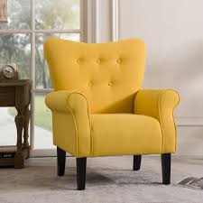 A Citrine Yellow Solid Accent Chair featuring a vibrant, bold yellow hue with a high backrest, cushioned seat, and tapered wooden legs, offering a modern yet timeless design. Perfect for adding a pop of color and comfort to living rooms, offices, or reading nooks.