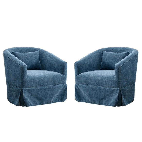 Set of two Teal Swivel Accent Chairs featuring a modern design with luxurious teal linen blend upholstery, a 360-degree swivel base, metal frame with wood accent detailing, and sturdy construction. These chairs provide exceptional comfort with foam and spring cushioning, making them ideal for lounging, relaxing, or entertaining. Versatile and family-friendly, they complement various décor styles in living rooms, offices, or bedrooms. Easy assembly with tools and instructions included.