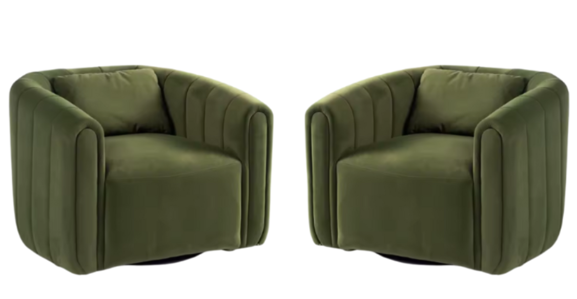 Set of two Juniper green barrel swivel chairs with lumbar pillows, featuring plush velvet upholstery, 360-degree swivel design, and high-density foam cushioning. The ergonomic chairs combine modern elegance with timeless comfort, perfect for any living room, bedroom, or office. Each chair includes a supportive lumbar pillow for added comfort and proper posture.