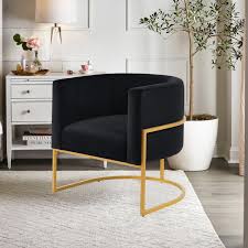Midnight black modern accent chair with a sleek gold arc-shaped iron base, offering stylish comfort and durability. Perfect for living rooms, bedrooms, offices, and lounges. Sturdy iron frame for long-lasting support and relaxation.