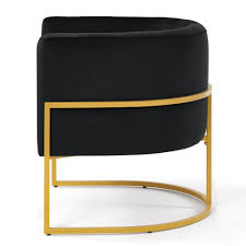 Midnight black modern accent chair with a sleek gold arc-shaped iron base, offering stylish comfort and durability. Perfect for living rooms, bedrooms, offices, and lounges. Sturdy iron frame for long-lasting support and relaxation.