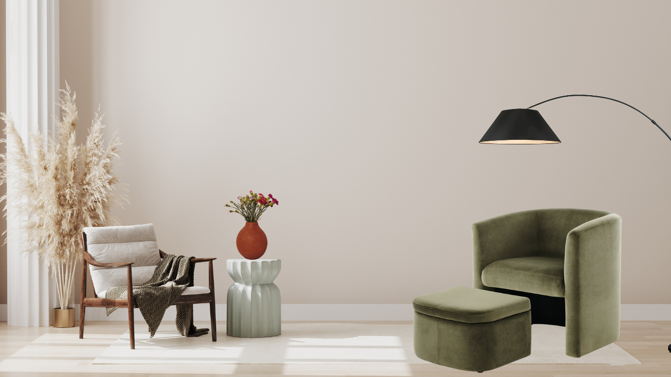 Barrel Accent Chair with Storable Ottoman – Cozy, space-saving chair with flared arms, foam-filled seat, and toss pillows. Features a solid wood frame, sled base, and hidden ottoman for easy storage. Fully assembled, versatile design, and easy to maintain.