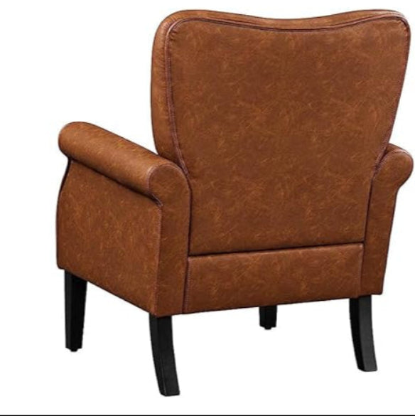 Retro-inspired brown accent chair featuring a sleek wingback design, rolled armrests, and black-finish tapered legs. Upholstered in water-resistant PU leather with a button-tufted backrest for added elegance. The chair offers a comfortable and stylish seating solution with its high-resiliency foam padding and durable rubberwood legs. Perfect for living rooms, bedrooms, offices, or cozy reading nooks, this chair combines timeless mid-century modern charm with versatile functionality.