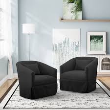 Set of 2 Midnight Black swivel accent chairs with linen blend upholstery, 360-degree swivel base, sleek metal frames, and wood accents. Comfortable foam and spring fill, ideal for living rooms, offices, or bedrooms. Easy assembly and family-friendly design.