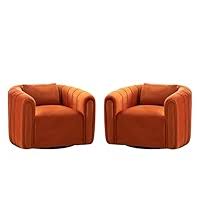 A set of two luxurious barrel swivel chairs in a rich burnt orange velvet upholstery, featuring a sleek, modern design with ergonomic comfort. Each chair is designed with a smooth 360-degree swivel base for easy movement and flexibility. The chairs come with supportive lumbar pillows for extra comfort and proper posture, as well as high-density foam cushioning that contours to your body. The timeless barrel shape, solid wood frame, and metal swivel base ensure durability, while the warm burnt orange hue add