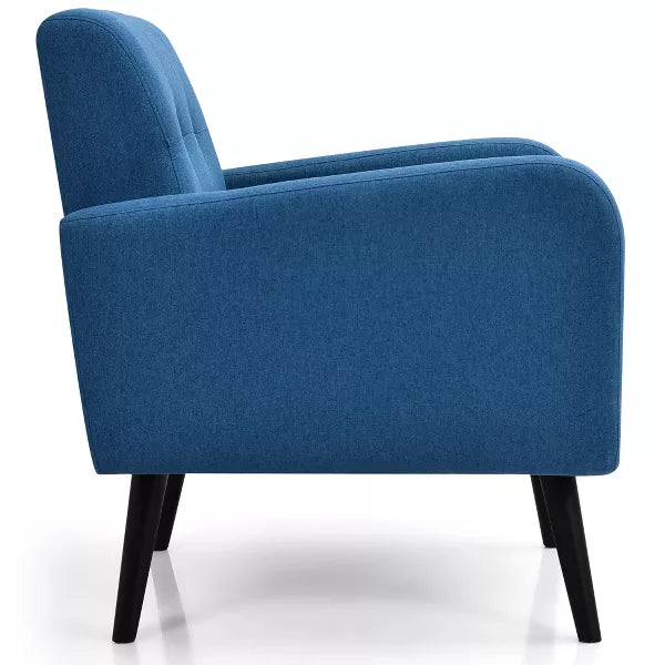 Navy blue accent chair with Mid-Century Modern design featuring a square tufted back and curved arms. The chair has a thick 6-inch foam cushion supported by sinuous springs and sits on solid birch wood tapered legs with a dark espresso finish. Ideal for small spaces, it combines comfort, durability, and timeless elegance, making it a stylish addition to any living room, office, or bedroom.