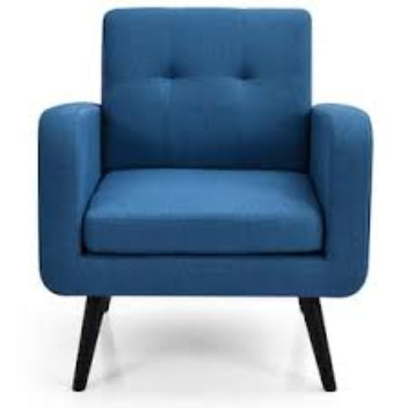 Navy blue accent chair with Mid-Century Modern design featuring a square tufted back and curved arms. The chair has a thick 6-inch foam cushion supported by sinuous springs and sits on solid birch wood tapered legs with a dark espresso finish. Ideal for small spaces, it combines comfort, durability, and timeless elegance, making it a stylish addition to any living room, office, or bedroom.