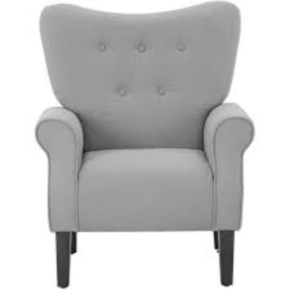 Grey solid colored accent chair with sleek, minimalist design and tapered wooden legs, offering comfort and style for any room. The chair features soft grey upholstery, a cushioned seat, ergonomic backrest, and padded armrests for added comfort. Perfect for living rooms, offices, or reading nooks.