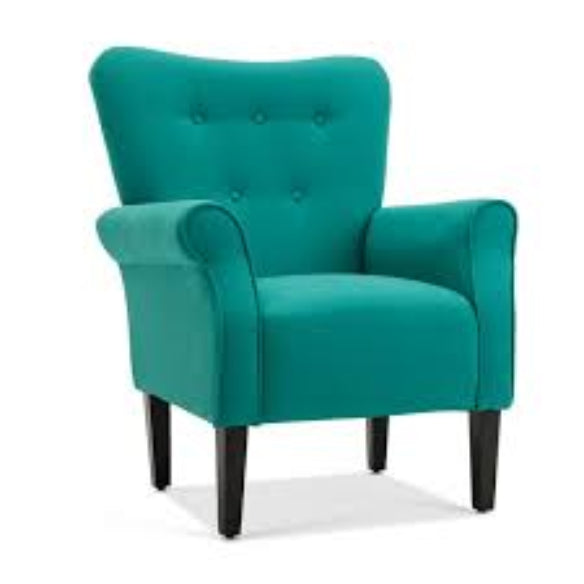 A teal solid-colored accent chair featuring a sleek modern design with a tufted wingback, padded armrests, and a wide, cushioned seat. Supported by elegant, tapered wooden legs, this chair combines comfort with sophistication, making it a perfect addition to a living room, office, or reading nook. The rich teal upholstery adds a pop of color to the space, complementing various décor styles.