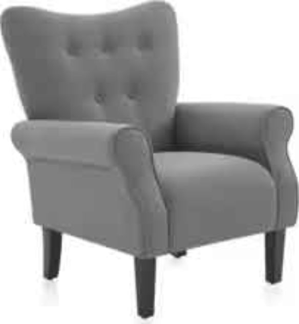 Grey solid colored accent chair with sleek, minimalist design and tapered wooden legs, offering comfort and style for any room. The chair features soft grey upholstery, a cushioned seat, ergonomic backrest, and padded armrests for added comfort. Perfect for living rooms, offices, or reading nooks.