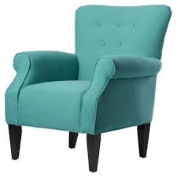 A teal solid-colored accent chair featuring a sleek modern design with a tufted wingback, padded armrests, and a wide, cushioned seat. Supported by elegant, tapered wooden legs, this chair combines comfort with sophistication, making it a perfect addition to a living room, office, or reading nook. The rich teal upholstery adds a pop of color to the space, complementing various décor styles.