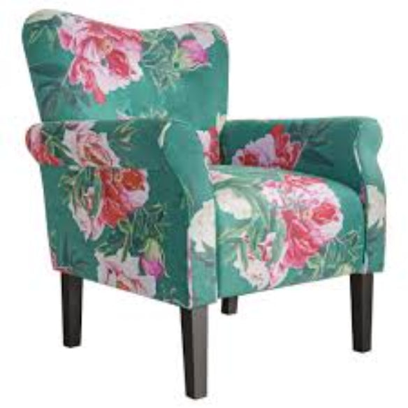 A teal floral accent chair featuring a vibrant, intricate floral pattern in shades of teal, green, and cream. The chair has a modern silhouette with a tufted wingback, padded armrests, and a generously cushioned seat. It sits on gracefully tapered wooden legs, offering both elegance and stability. Perfect for a living room, office, or reading nook, this chair combines timeless floral design with contemporary style and ergonomic comfort, ideal for relaxation and enhancing any space.