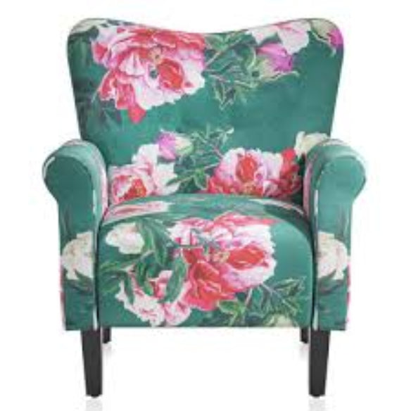 A teal floral accent chair featuring a vibrant, intricate floral pattern in shades of teal, green, and cream. The chair has a modern silhouette with a tufted wingback, padded armrests, and a generously cushioned seat. It sits on gracefully tapered wooden legs, offering both elegance and stability. Perfect for a living room, office, or reading nook, this chair combines timeless floral design with contemporary style and ergonomic comfort, ideal for relaxation and enhancing any space.