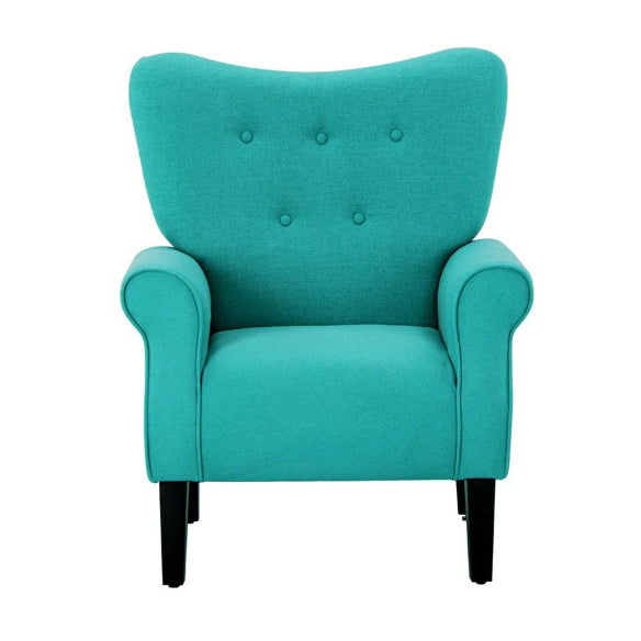 A teal solid-colored accent chair featuring a sleek modern design with a tufted wingback, padded armrests, and a wide, cushioned seat. Supported by elegant, tapered wooden legs, this chair combines comfort with sophistication, making it a perfect addition to a living room, office, or reading nook. The rich teal upholstery adds a pop of color to the space, complementing various décor styles.