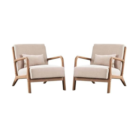 Beige low-back accent chairs with plush cushions and breathable fabric for comfort. Ergonomic design with added pillows for back and neck support. Durable solid wood frame, supports up to 250 lbs, and includes footpads to protect floors. Perfect for living rooms, bedrooms, or offices, offering lasting comfort and style.