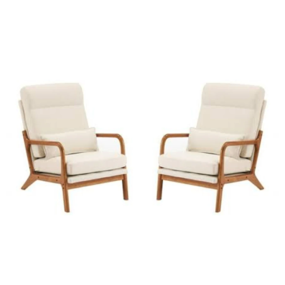 Beige high-back accent chair with plush, high-density cushions and breathable fabric for ultimate comfort. Features an extra pillow for back and neck support, perfect for long sitting sessions. Built with a durable solid wood frame, supporting up to 250 lbs. Footpads protect floors and reduce noise. Ergonomic design offers lumbar support and promotes relaxation. Versatile beige color fits various home styles, ideal for living rooms, bedrooms, and offices. Easy assembly and low maintenance.