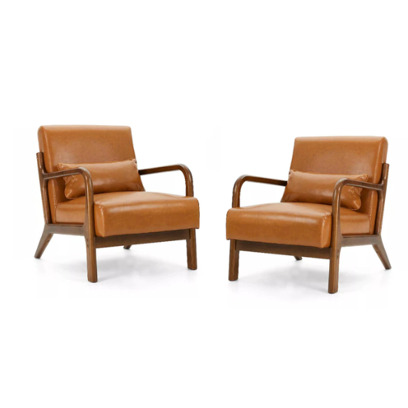 Set of two brown PU leather low-back accent chairs with high-density cushions, soft upholstery, and ergonomic design for superior lumbar support. Featuring a solid wood frame for durability and footpads for floor protection. Ideal for living rooms, bedrooms, or offices, offering both comfort and style with easy maintenance.