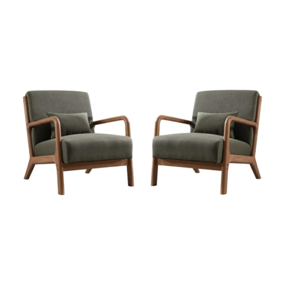 Set of 2 juniper olive green low-back accent chairs with ergonomic design, plush cushions, and durable wood frame. Perfect for living rooms, bedrooms, or offices, offering comfort and style with easy maintenance.