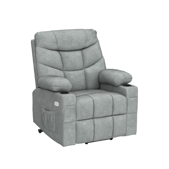 Grey power lift recliner chair with vibrational massage, lumbar heating, USB ports, and cup holders. Ideal for elderly, pregnant women, or those needing comfort, this chair offers smooth reclining, back support, and easy assembly for maximum relaxation.