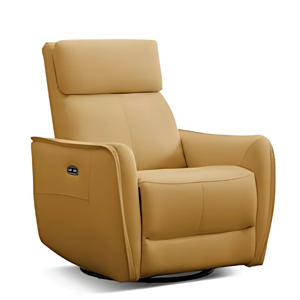 Golden yellow power swivel rocker recliner with 270° swivel, smooth gliding recline, USB charging port, and durable faux leather fabric. Supports up to 350 lbs, perfect for living room, bedroom, or nursery. Easy assembly and quiet motor.