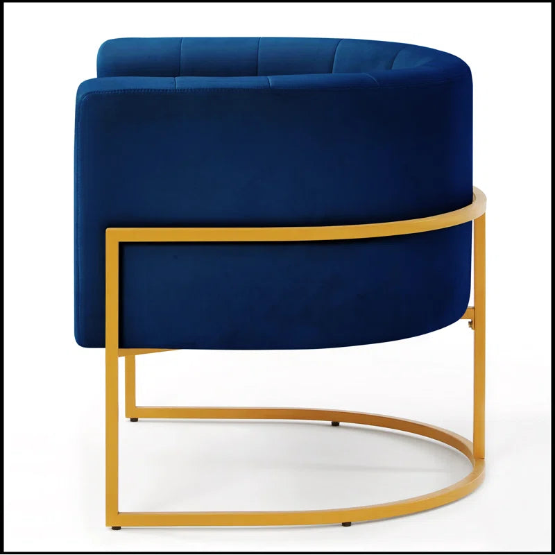 Navy velvet accent chair with a sleek gold arc base, offering stylish comfort and versatility for any space. The chair features a plush velvet seat, sturdy iron frame, and modern arc-shaped design, perfect for living rooms, bedrooms, offices, and more.
