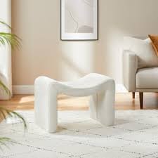 Modern white semicircular pedal stool with soft lint and sherpa lining, engineered wood frame, and versatile design for footrest, extra seating, or decorative accent. Ideal for living rooms, bedrooms, and hallways.