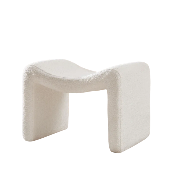 Modern white semicircular pedal stool with soft lint and sherpa lining, engineered wood frame, and versatile design for footrest, extra seating, or decorative accent. Ideal for living rooms, bedrooms, and hallways.