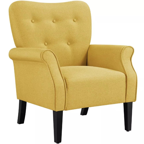Mid-Century Modern Upholstered Fabric Accent Armchair in bold yellow with sleek tapered wooden legs, rolled arms, and tufted back buttons. The chair combines classic mid-century design with a vibrant yellow fabric, making it a stylish and comfortable statement piece for living rooms, bedrooms, offices, or studios.