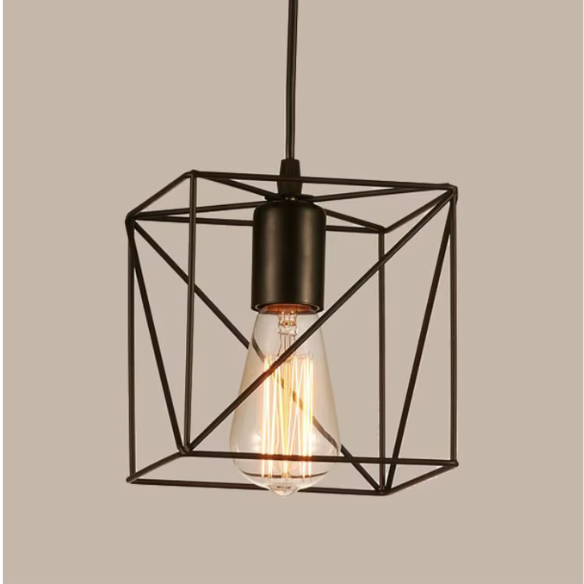 Adjustable black industrial pendant light with geometric metal shade for home decor.