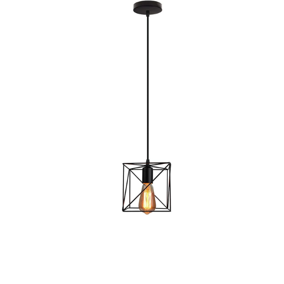 Adjustable black industrial pendant light with geometric metal shade for home decor.
