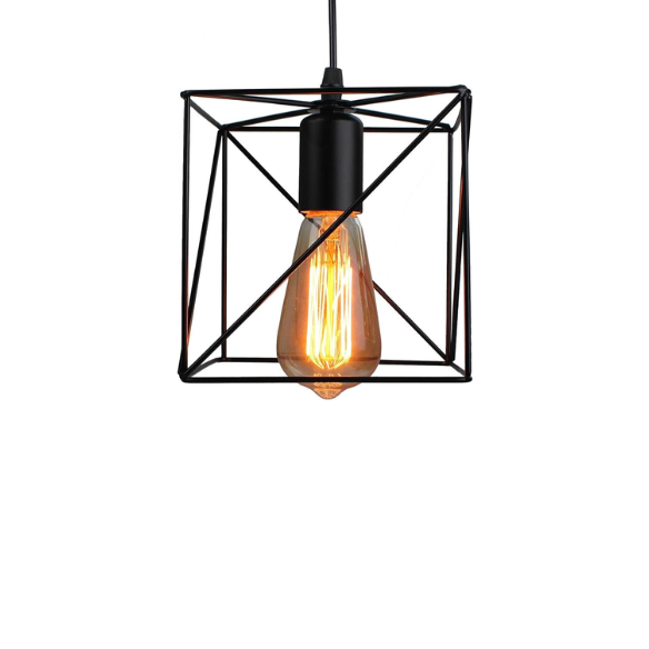 Adjustable black industrial pendant light with geometric metal shade for home decor.