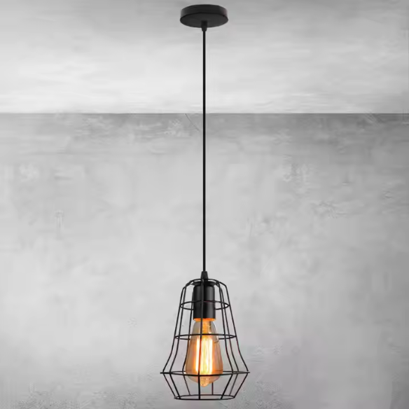 Adjustable black iron cage pendant light with E27 socket for industrial and vintage lighting.