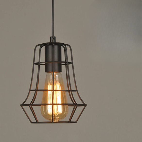 Adjustable black iron cage pendant light with E27 socket for industrial and vintage lighting.